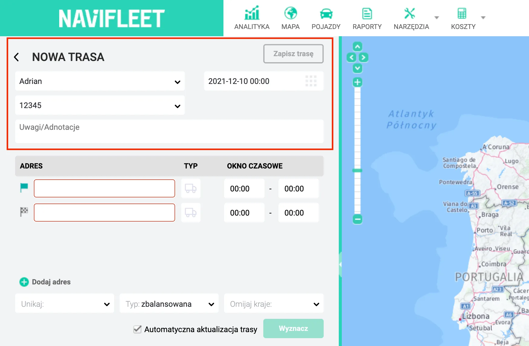 Planowanie trasy jednorazowej – zrzut ekranu aplikacji Navifleet