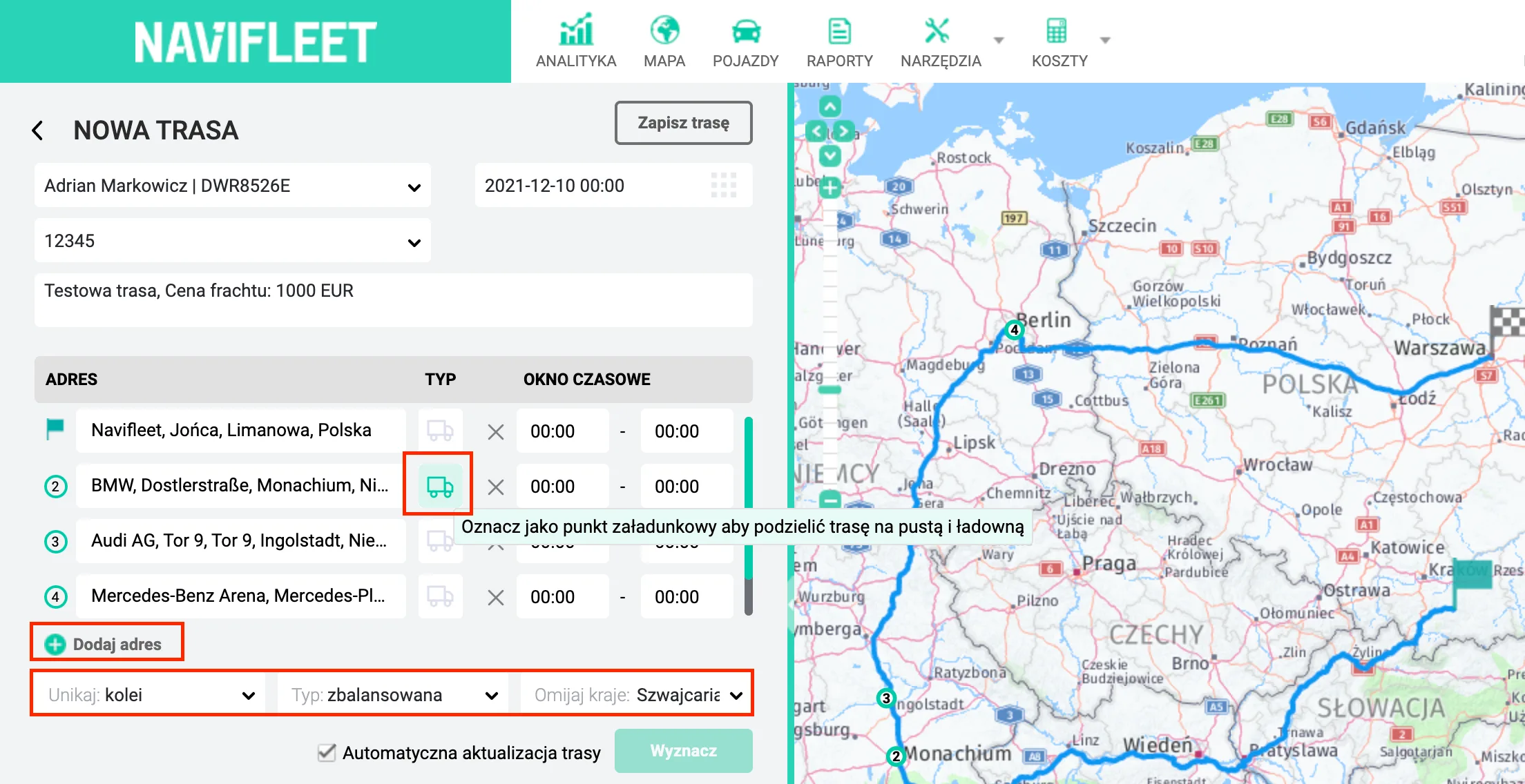 Planowanie trasy jednorazowej – zrzut ekranu aplikacji Navifleet