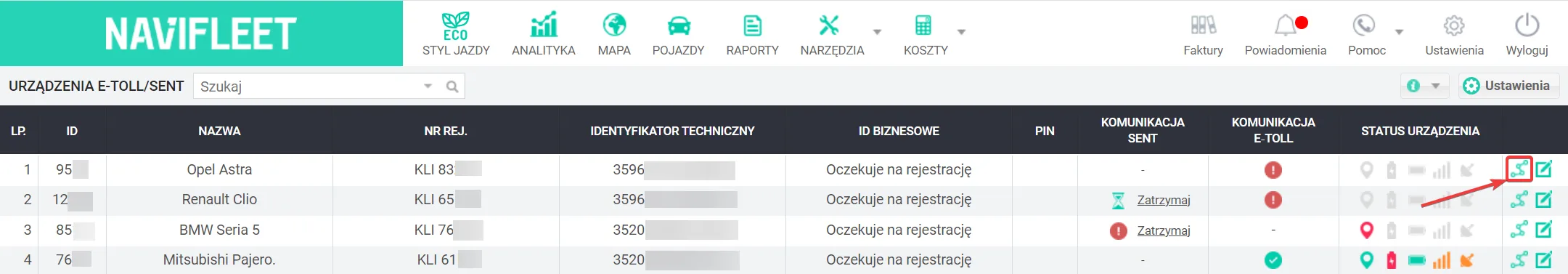 Jak sprawdzić historię tras wysłanych do systemu e-TOLL? – zrzut ekranu aplikacji Navifleet
