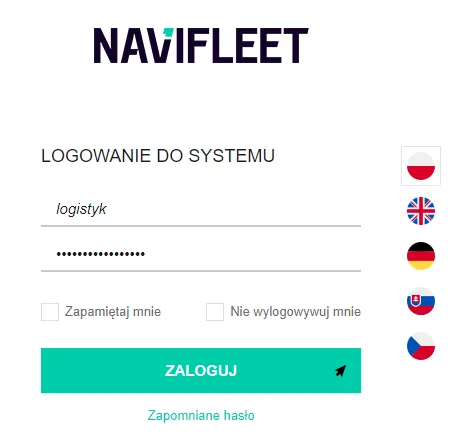 Logowanie do aplikacji Navifleet – zrzut ekranu