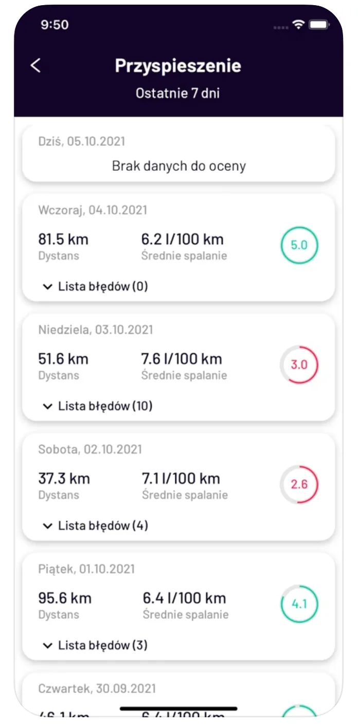Ocena stylu jazdy w aplikacji Navifleet Driver – zrzut ekranu