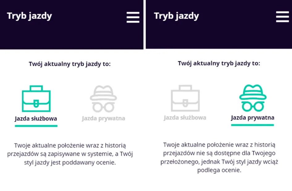 Włączanie/wyłączanie trybu prywatnego – zrzut ekranu aplikacji Navifleet