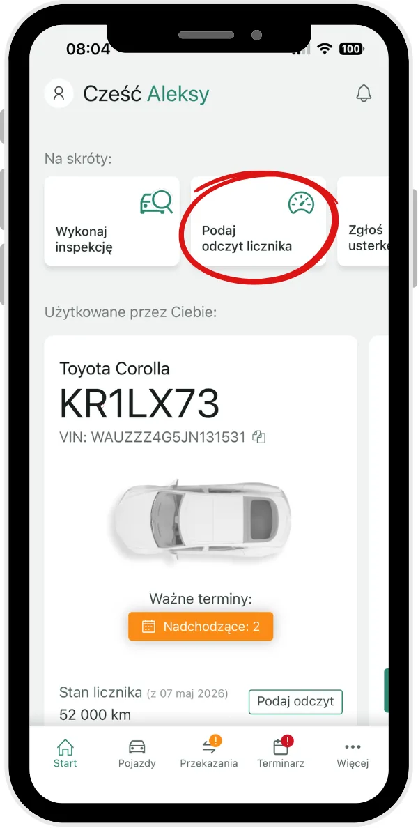 Aby zaktualizować motogodziny: – zrzut ekranu aplikacji Navifleet