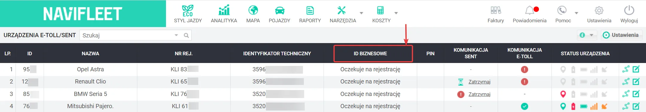 Jak uruchomić e-TOLL z Navifleet – zrzut ekranu