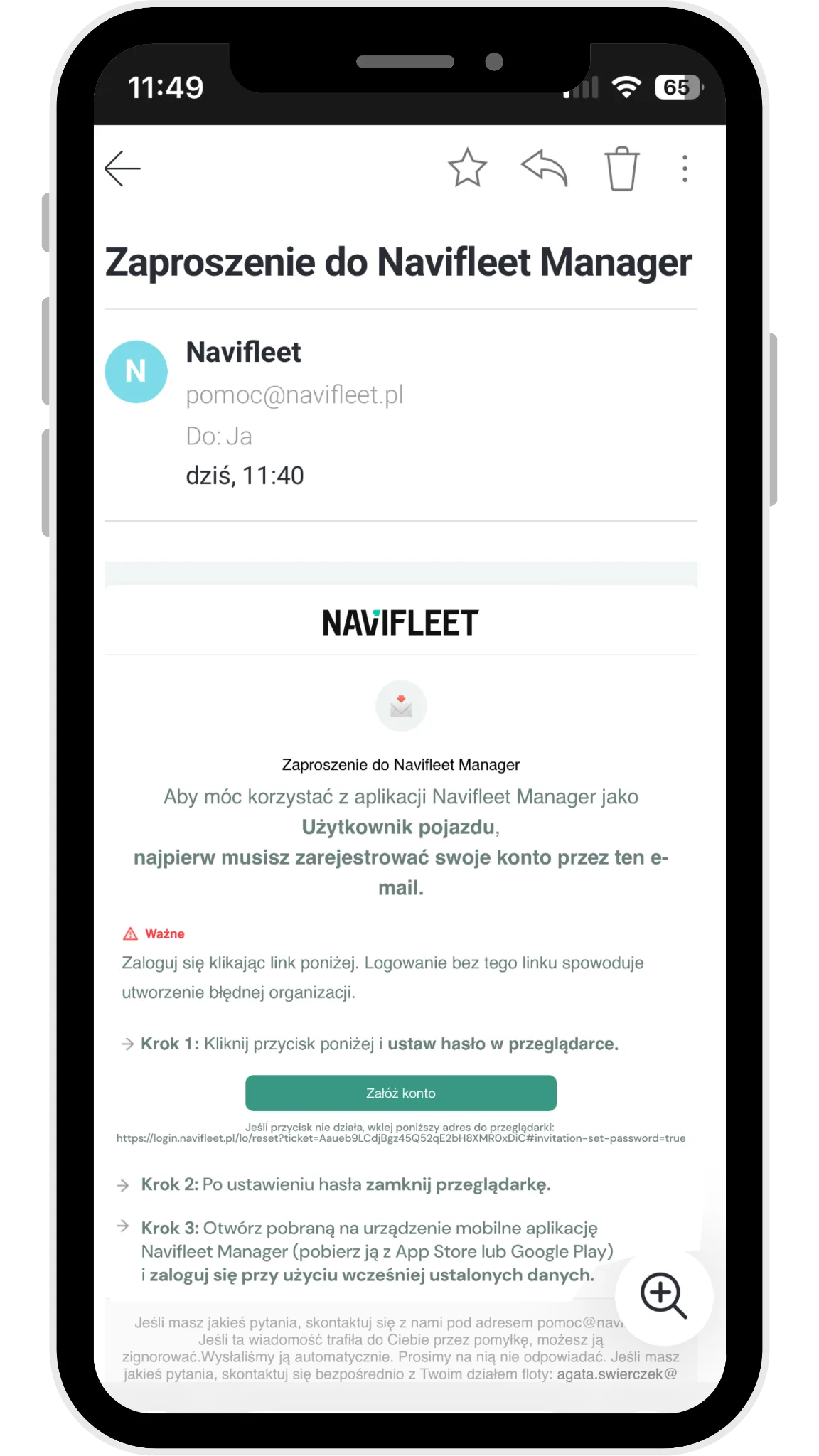 Jak się zarejestrować? – zrzut ekranu aplikacji Navifleet