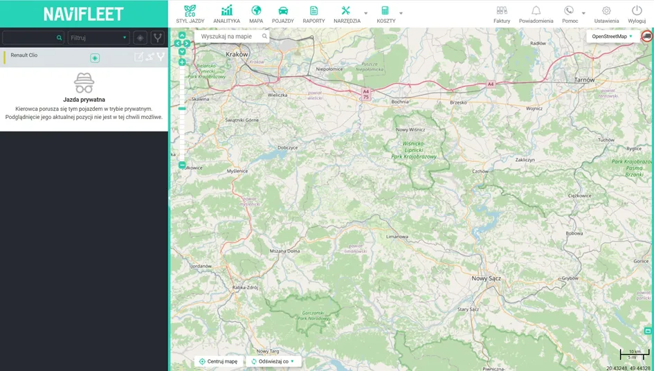 Aktualna pozycja w trybie prywatnym – zrzut ekranu aplikacji Navifleet