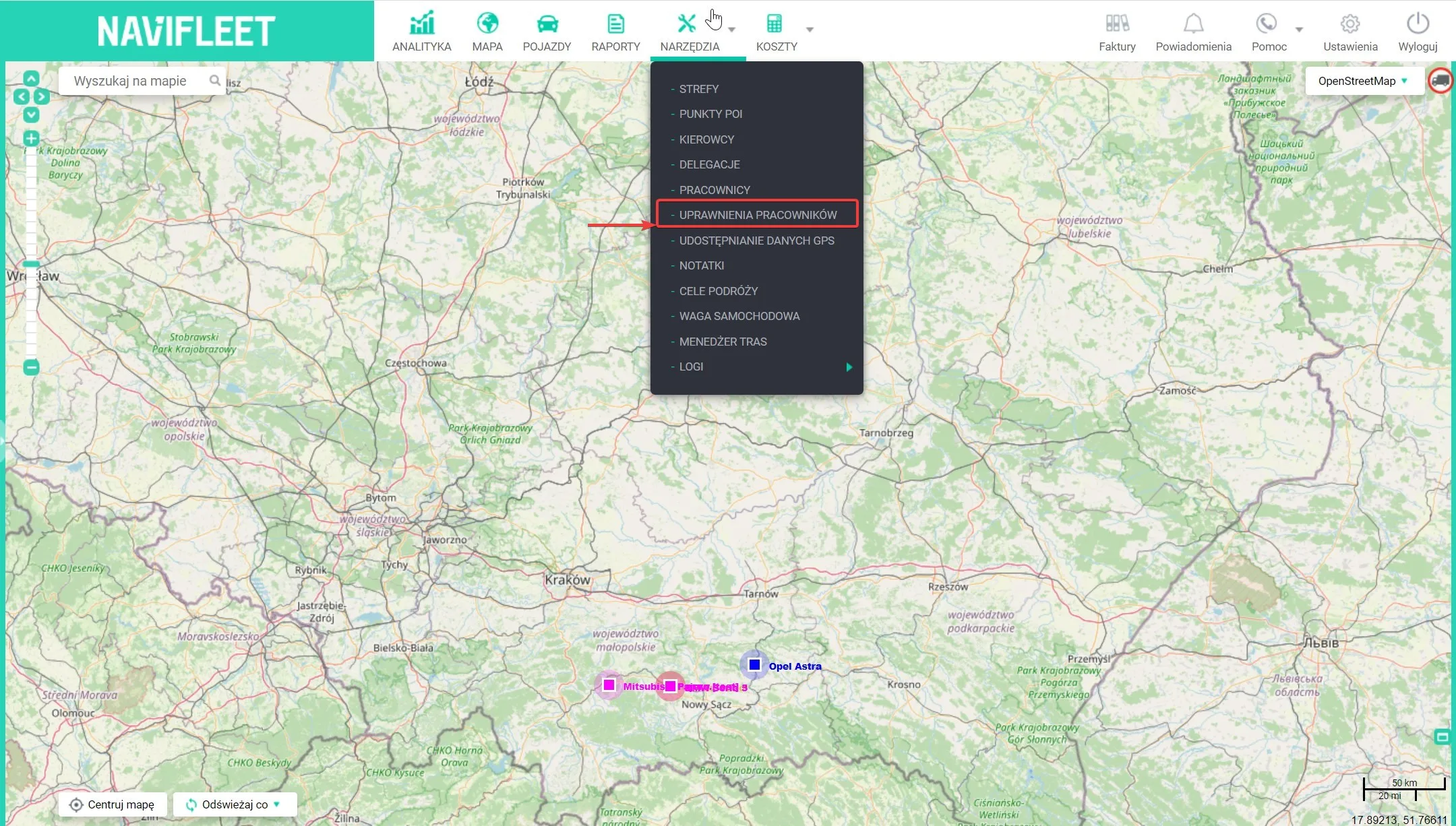 Tworze grup uprawnień – zrzut ekranu aplikacji Navifleet