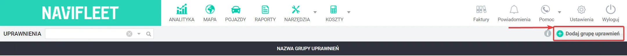 Tworze grup uprawnień – zrzut ekranu aplikacji Navifleet