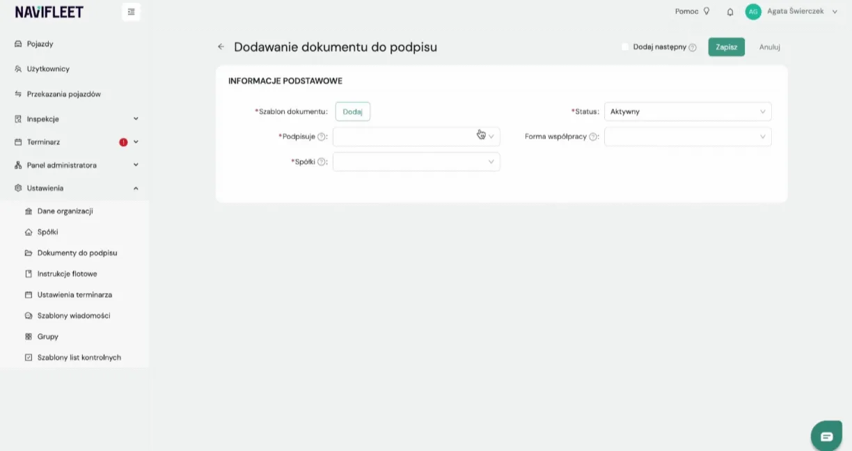 Pola uzupełniane podczas dodawania szablonu dokumentu do podpisu – zrzut ekranu aplikacji Navifleet