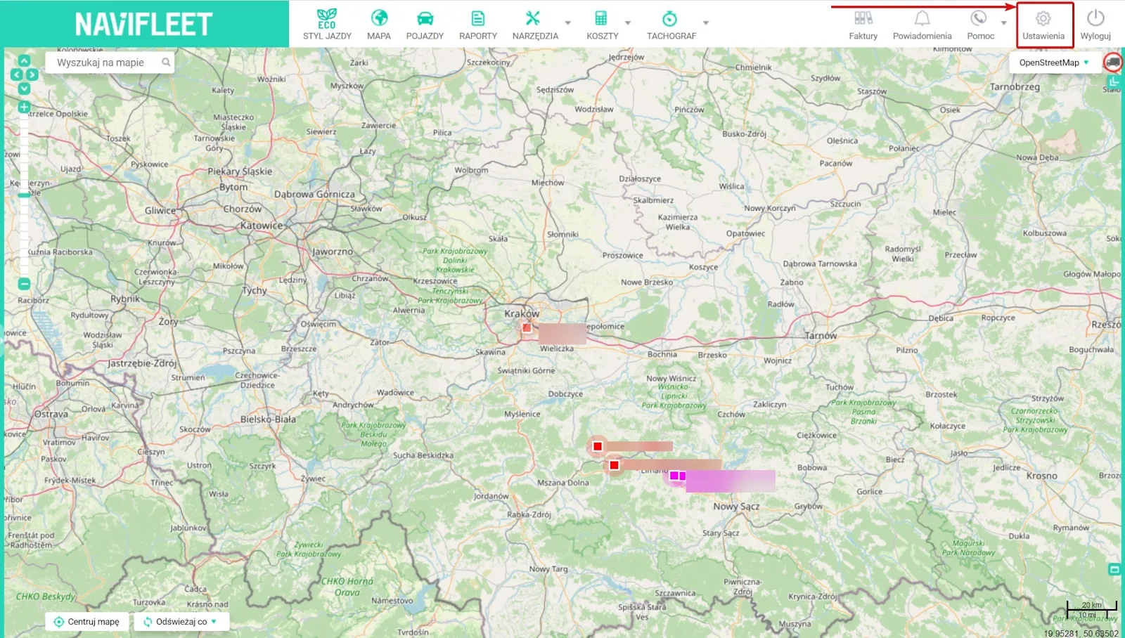 Zmiana typu faktury w aplikacji Navifleet – zrzut ekranu