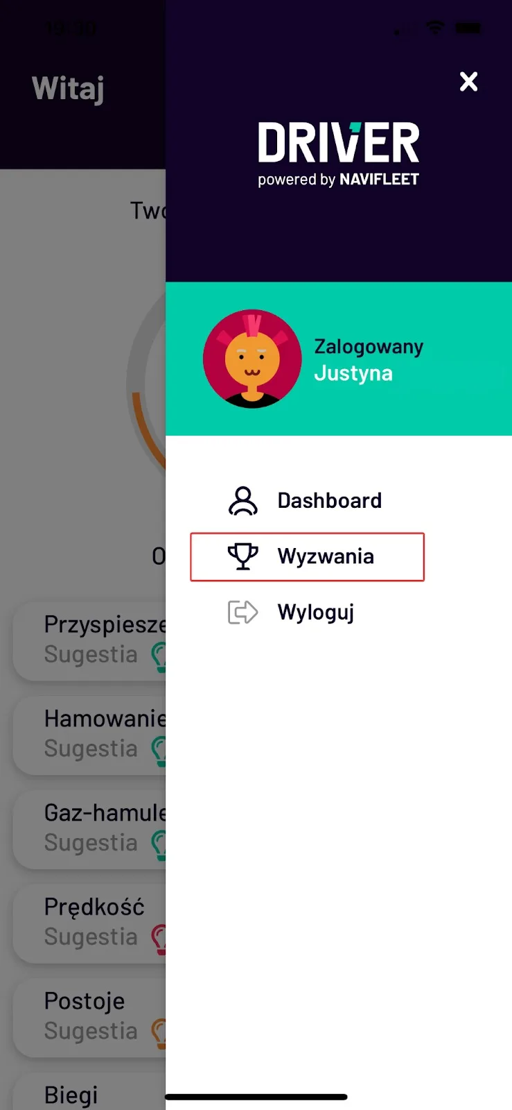 Jak monitorować wyzwania w Navifleet Driver? – zrzut ekranu