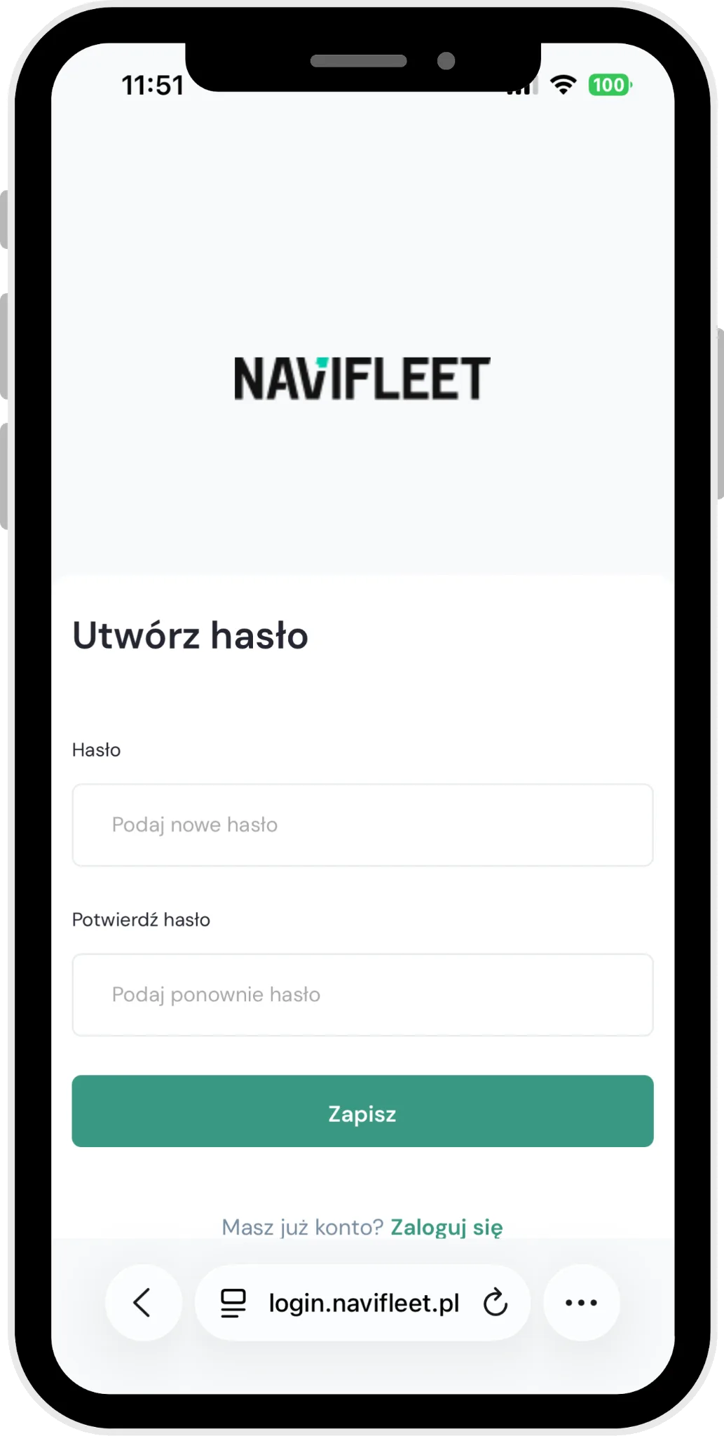 Ustawienie nowego hasła – zrzut ekranu aplikacji Navifleet