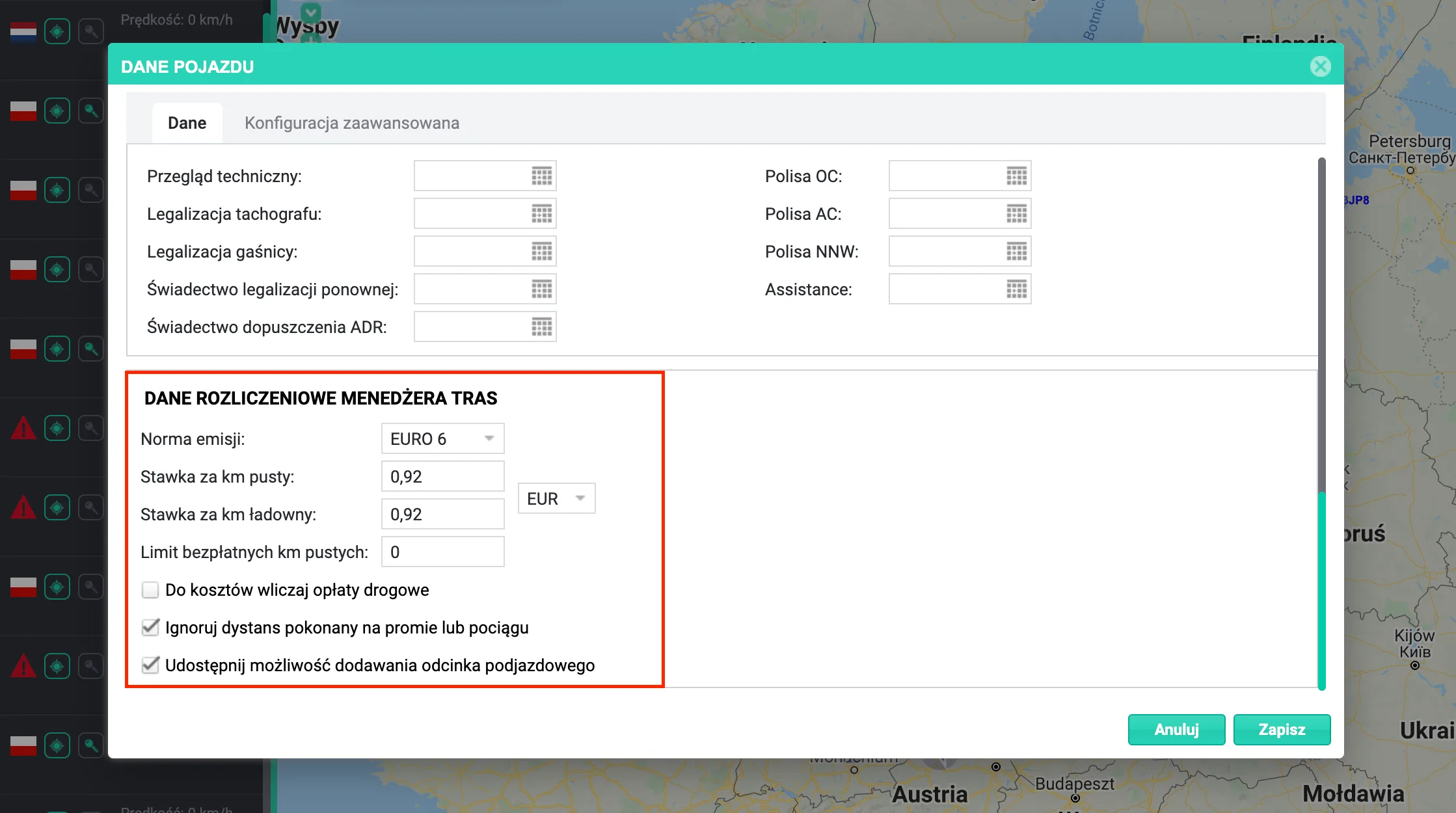 Ustawienia stawek w Menedżerze tras – zrzut ekranu aplikacji Navifleet