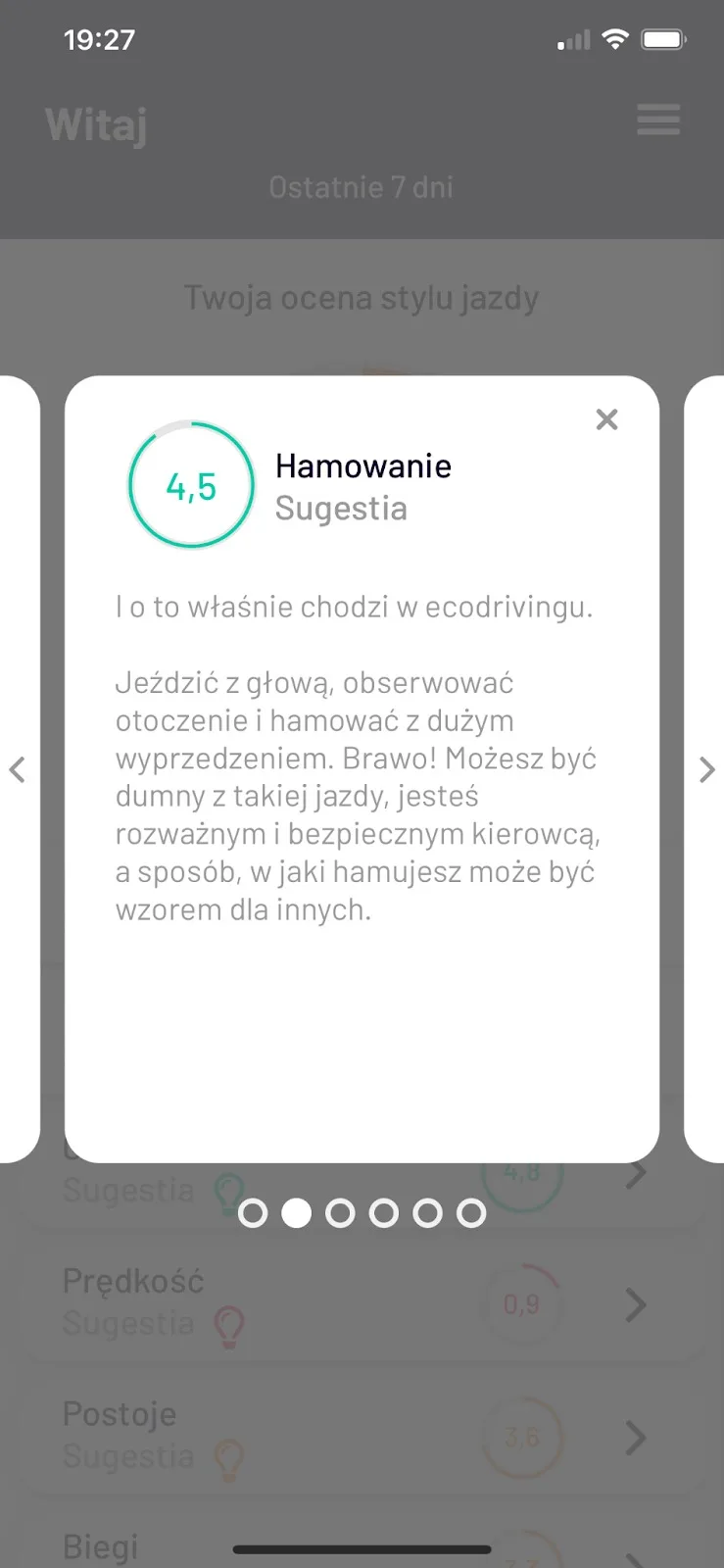 Ocena stylu jazdy w aplikacji Navifleet Driver – zrzut ekranu