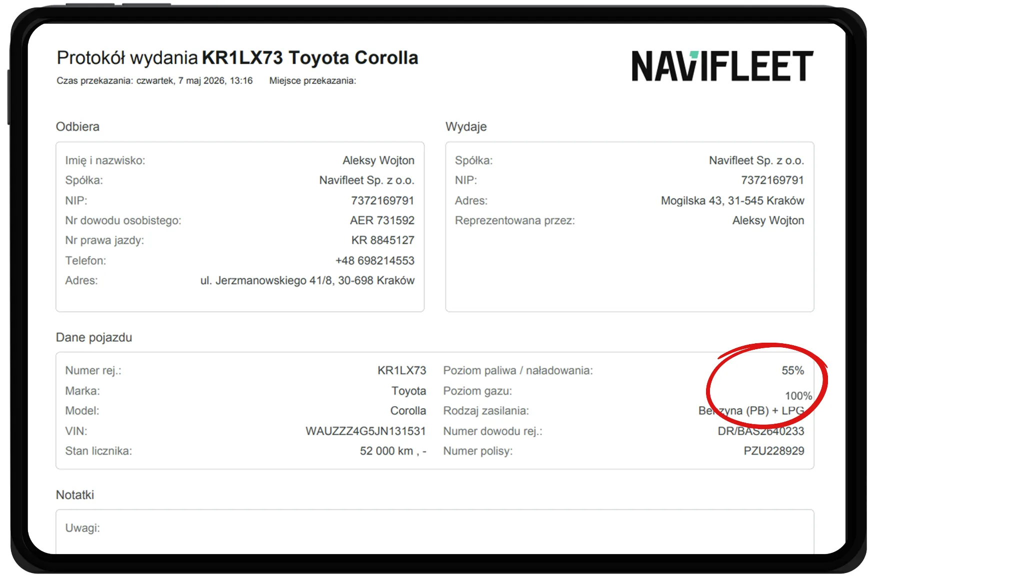 Wyświetlanie poziomu gazu w protokole – zrzut ekranu aplikacji Navifleet