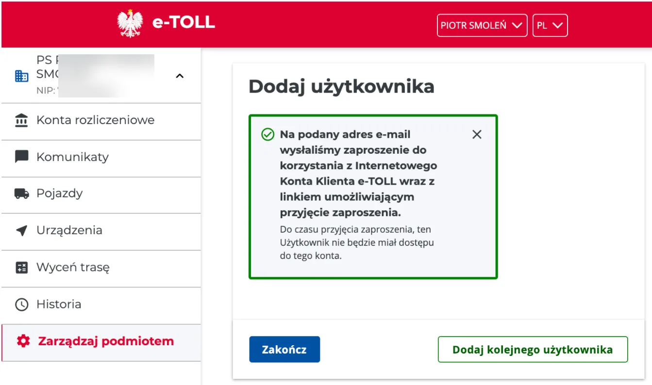 Dodawanie nowych użytkowników do konta podmiotu – zrzut ekranu aplikacji Navifleet