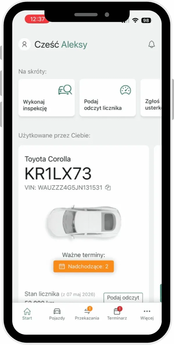 Listy kontrolne – zrzut ekranu aplikacji Navifleet