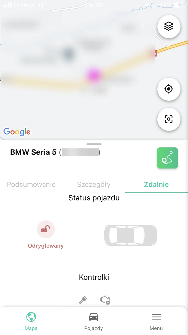 Zdalne sterowanie immobilizerem w mobilnej aplikacji Navifleet – zrzut ekranu