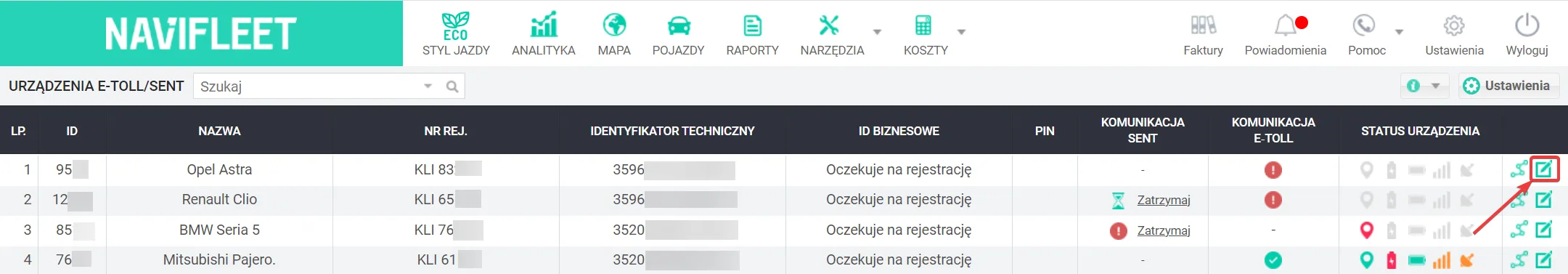 Komunikacja z SENT w aplikacji Navifleet – zrzut ekranu