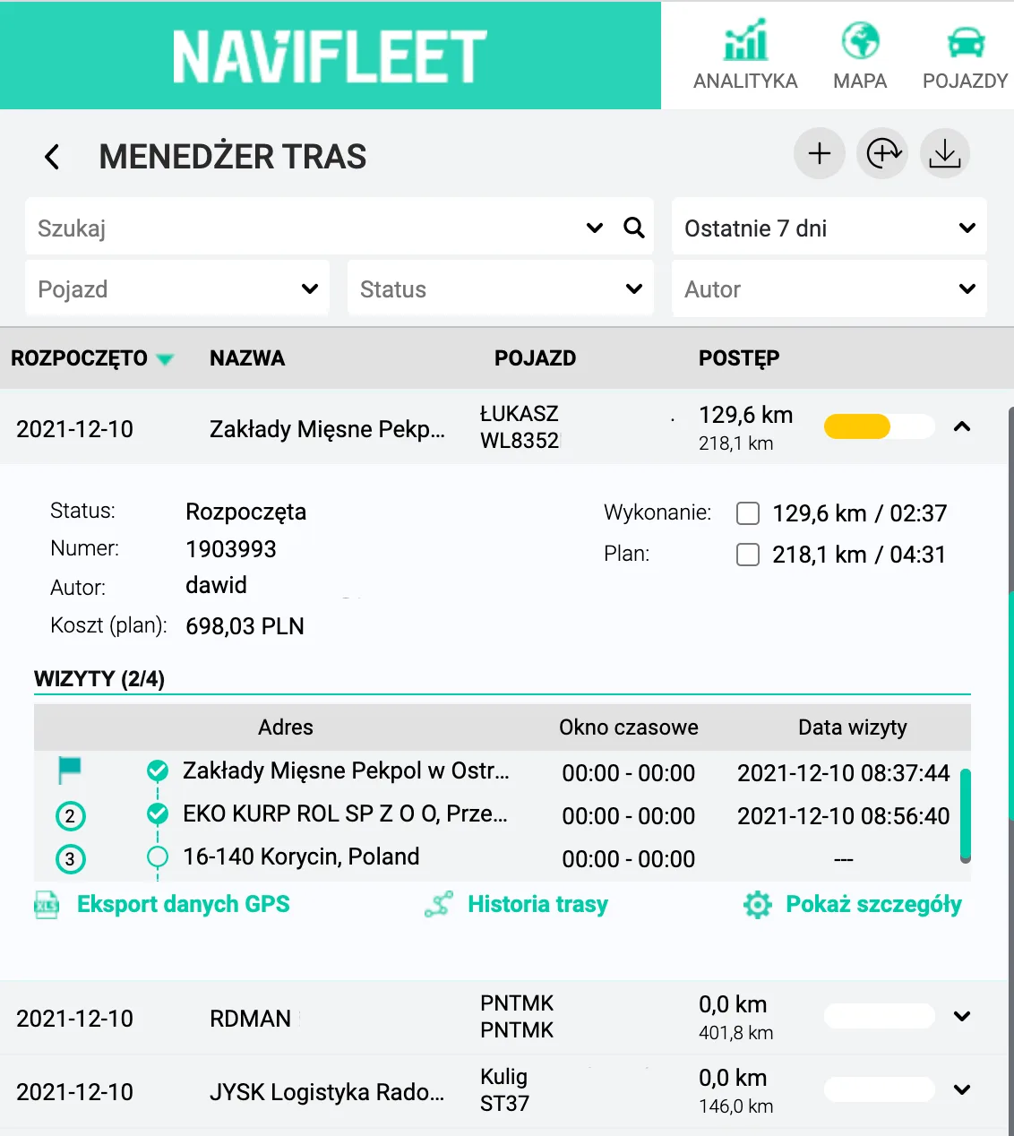 Monitorowanie postępu tras – zrzut ekranu aplikacji Navifleet