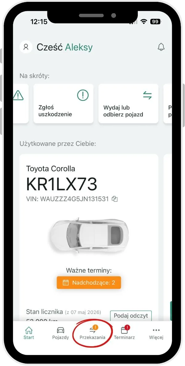 Wykonanie protokołu przekazania pojazdu – zrzut ekranu aplikacji Navifleet