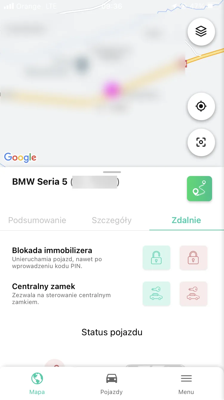 Zdalne sterowanie immobilizerem w mobilnej aplikacji Navifleet – zrzut ekranu