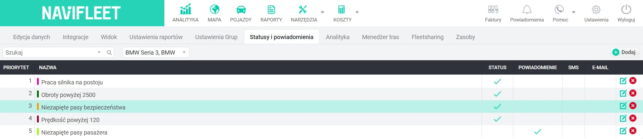 Kolejność sprawdzania statusów na liście pojazdów – zrzut ekranu aplikacji Navifleet