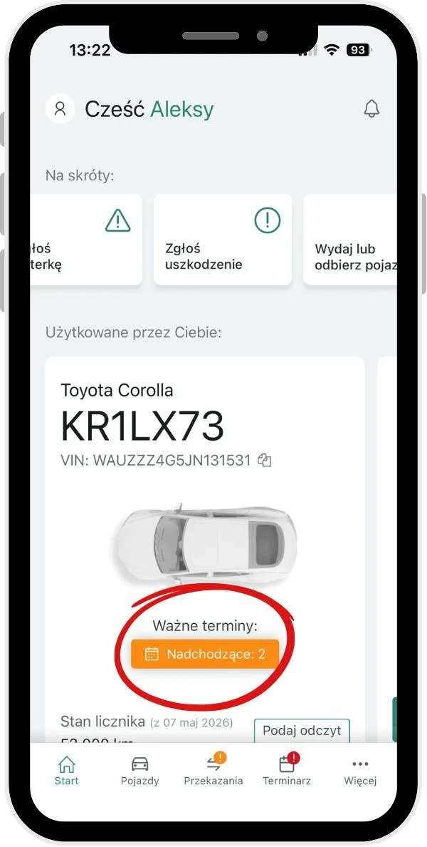 Terminarza użytkowanego pojazdu – zrzut ekranu aplikacji Navifleet