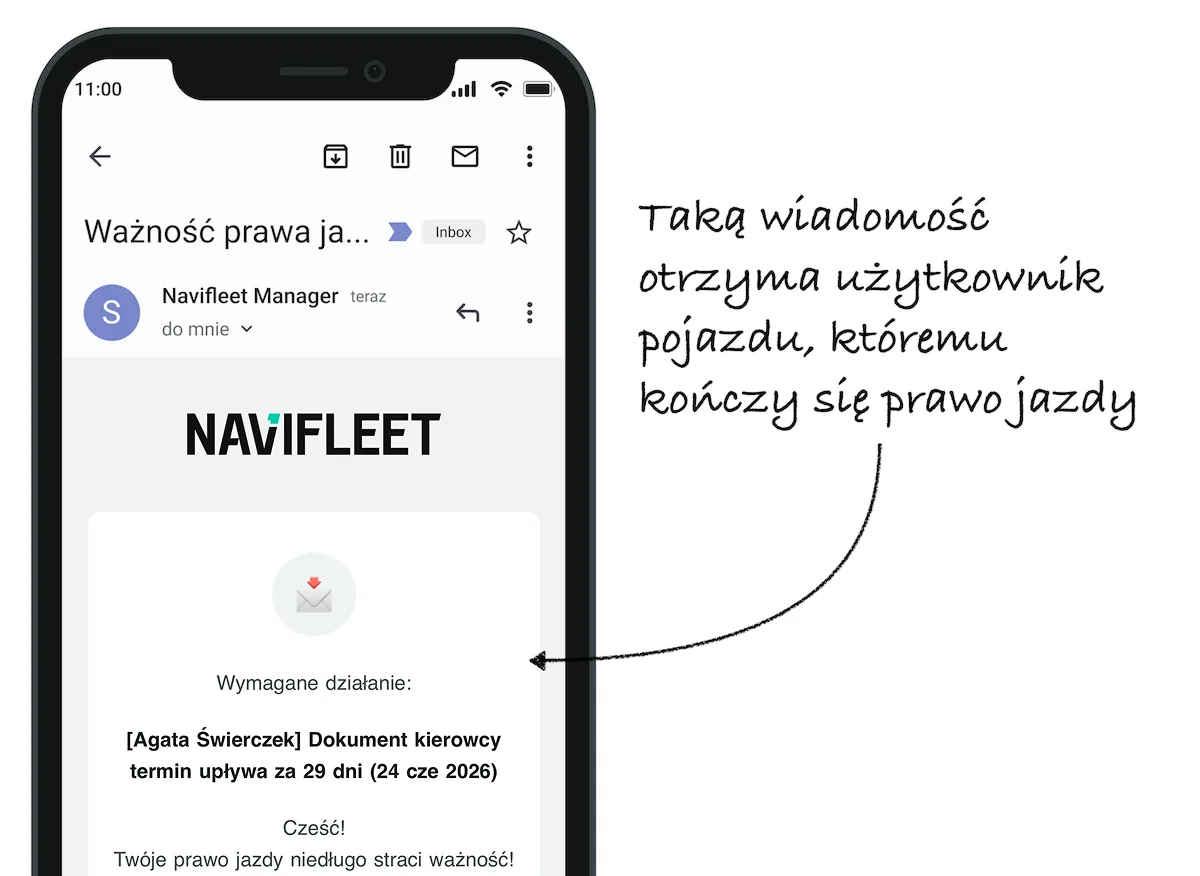 Wygląd przykładowego powiadomienia o zbliżającym się terminie ważności prawa jazdy: – zrzut ekranu aplikacji Navifleet