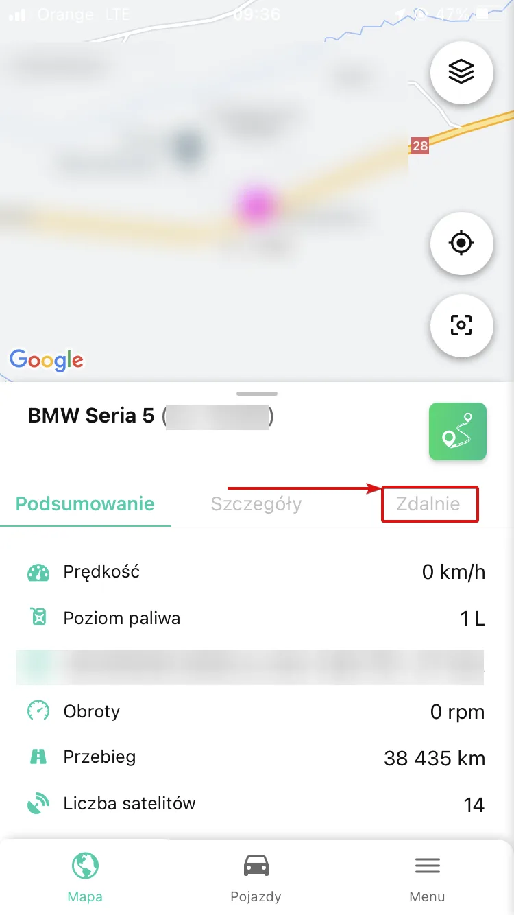 Zdalne sterowanie immobilizerem w mobilnej aplikacji Navifleet – zrzut ekranu