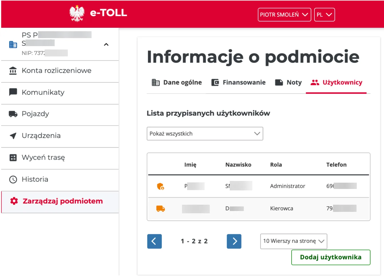 Dodawanie nowych użytkowników do konta podmiotu – zrzut ekranu aplikacji Navifleet