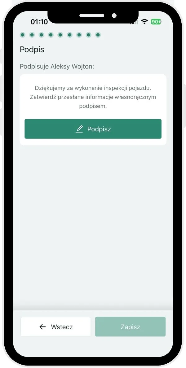 Z jakich kroków składa się inspekcja pojazdu? – zrzut ekranu aplikacji Navifleet