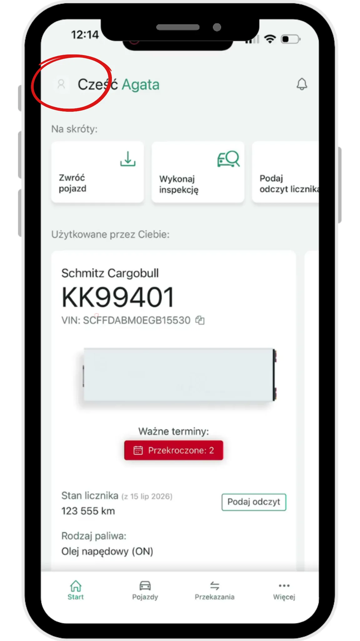 Kierowca odbierający pojazd: – zrzut ekranu aplikacji Navifleet