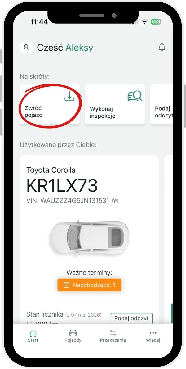 Jak zwrócić pojazd? – zrzut ekranu aplikacji Navifleet
