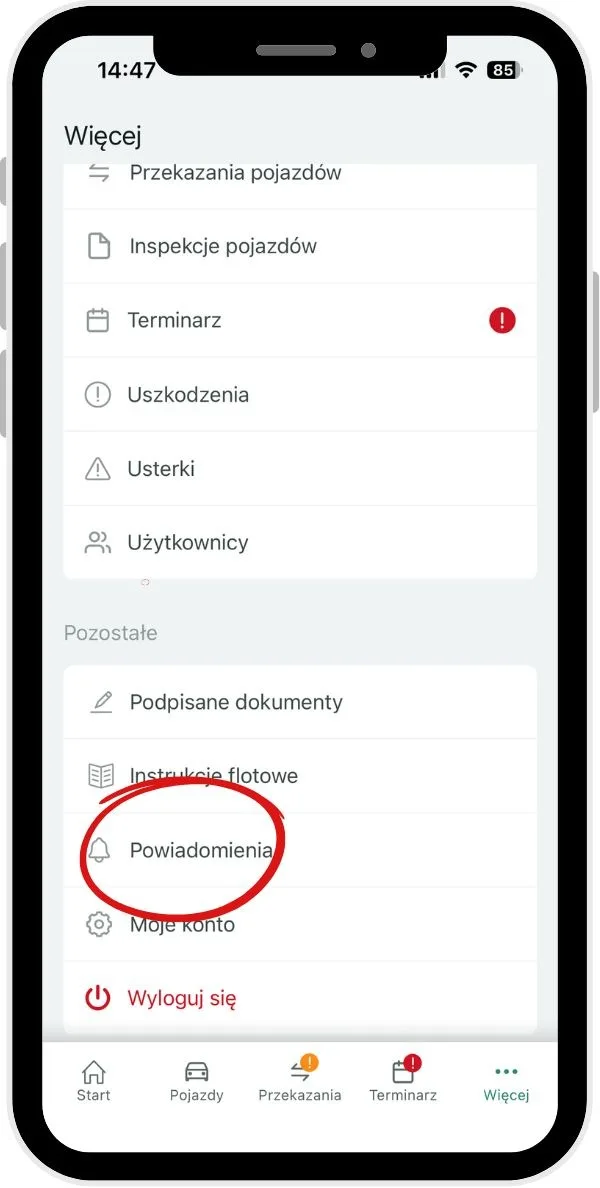 Powiadomienia – zrzut ekranu aplikacji Navifleet