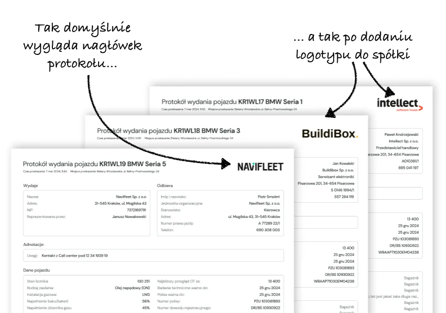 Dodawanie logotypu do spółki i wyświetlenie go na protokole – zrzut ekranu aplikacji Navifleet