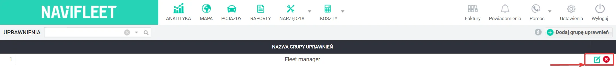 Tworze grup uprawnień – zrzut ekranu aplikacji Navifleet