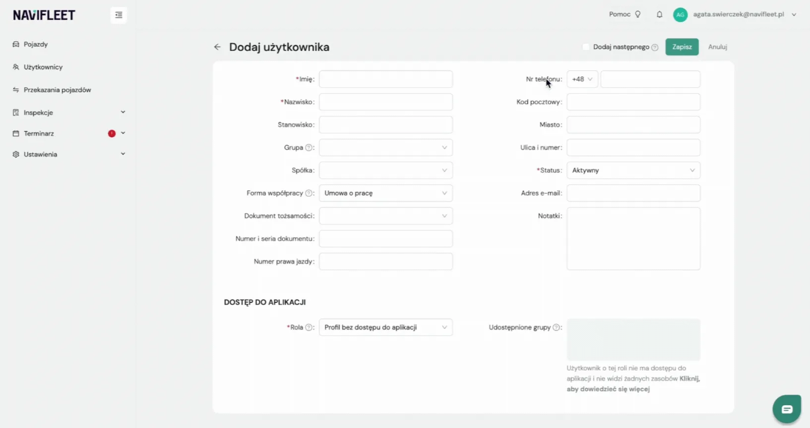 Szybkie dodawanie wielu osób – zrzut ekranu aplikacji Navifleet