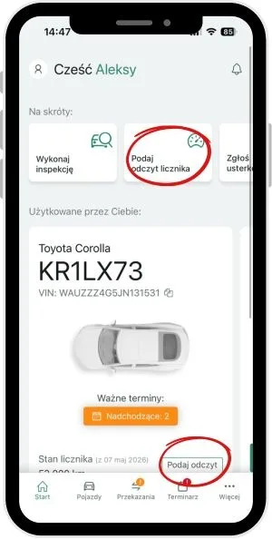 Aby zaktualizować stan licznika: – zrzut ekranu aplikacji Navifleet