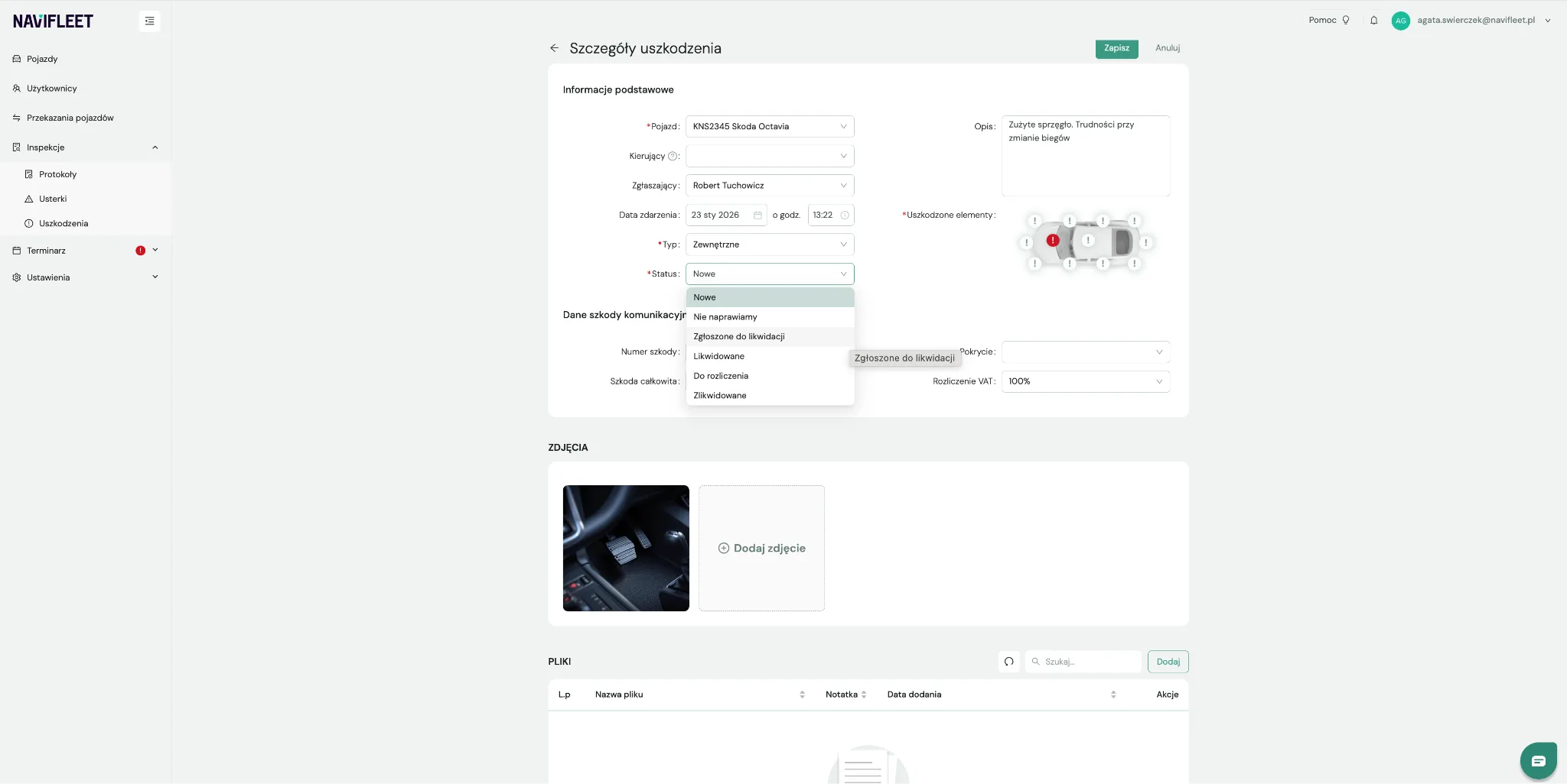 Status Do rozliczenia oraz Zlikwidowane – zrzut ekranu aplikacji Navifleet