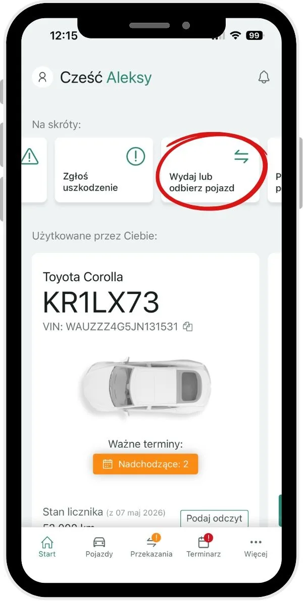 Wykonanie protokołu przekazania pojazdu – zrzut ekranu aplikacji Navifleet