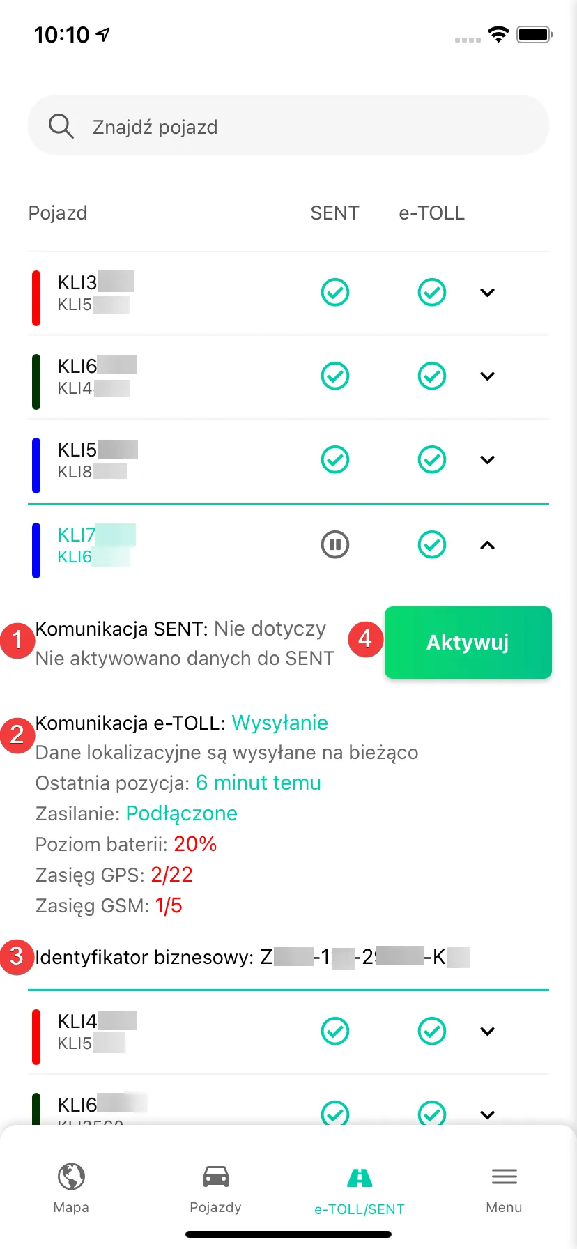 Jak aktywować i kontrolować komunikację z systemem SENT w aplikacji mobilnej Navifleet? – zrzut ekranu