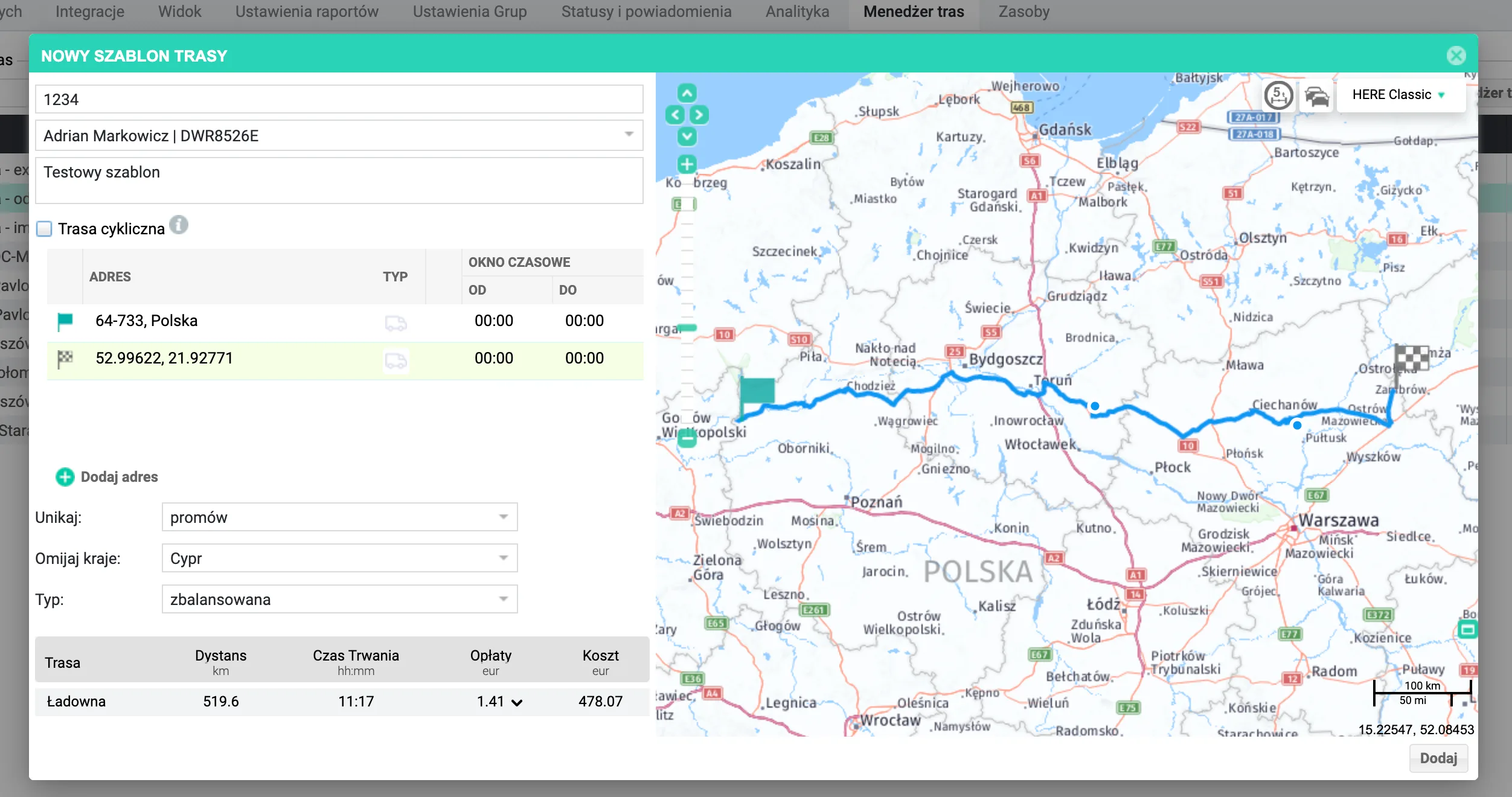 Tworzenie szablonów tras oraz tras cyklicznych – zrzut ekranu aplikacji Navifleet
