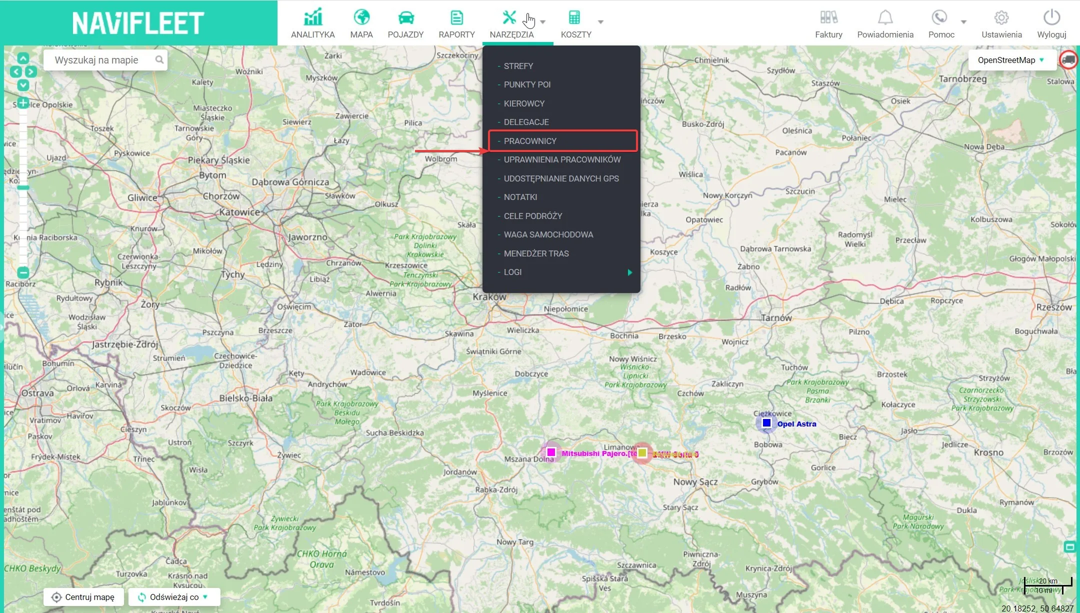 Dodawanie pracownika – zrzut ekranu aplikacji Navifleet