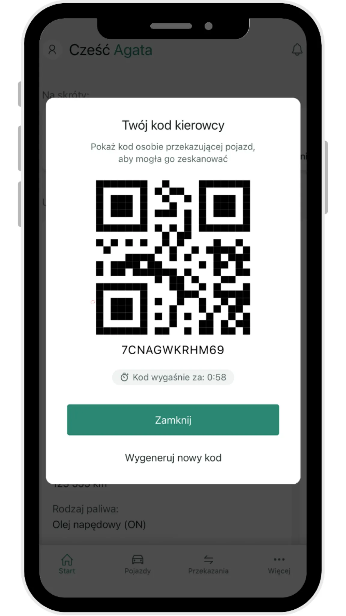 Kierowca odbierający pojazd: – zrzut ekranu aplikacji Navifleet