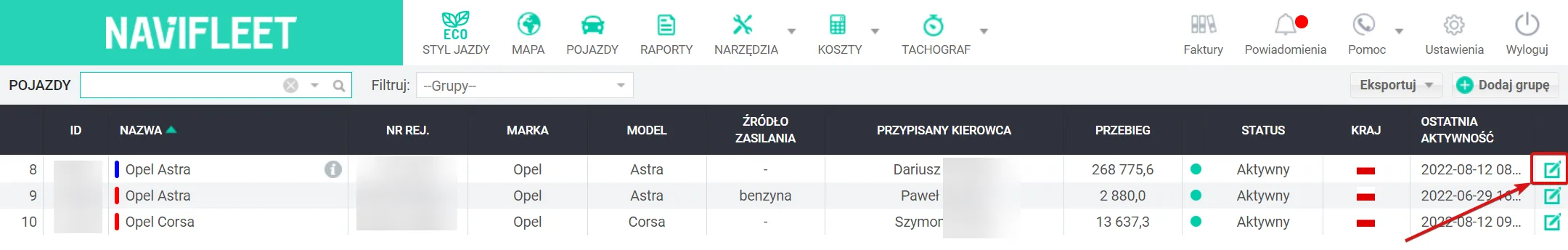 Edycja danych pojazdów – zrzut ekranu aplikacji Navifleet