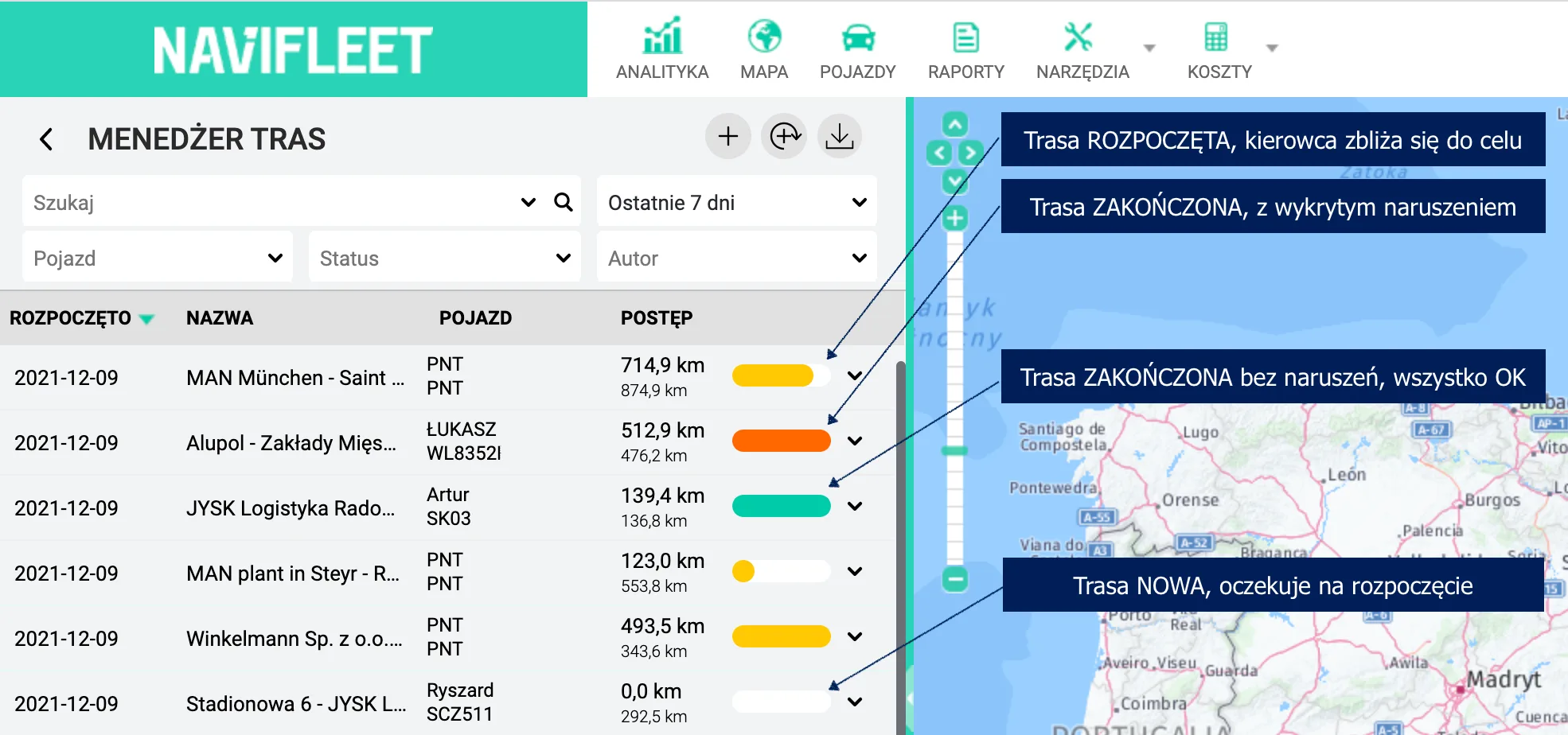 Monitorowanie postępu tras – zrzut ekranu aplikacji Navifleet