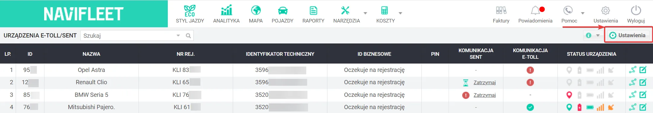 Komunikacja z SENT w aplikacji Navifleet – zrzut ekranu