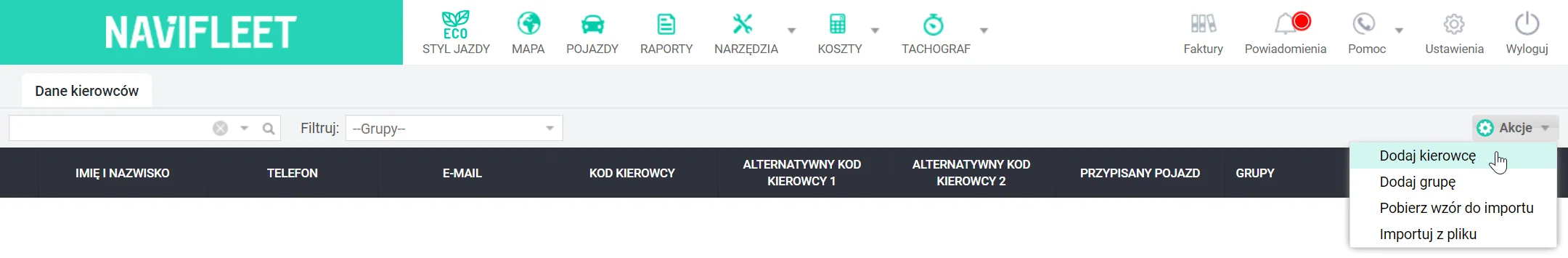 Jak dodać kierowców w aplikacji Navifleet? – zrzut ekranu