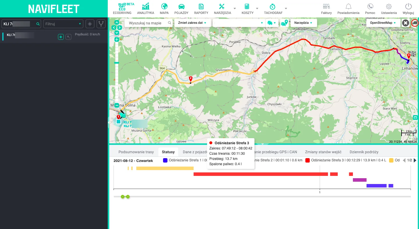 Wyświetlanie statusu w historii trasy lub w raporcie – zrzut ekranu aplikacji Navifleet